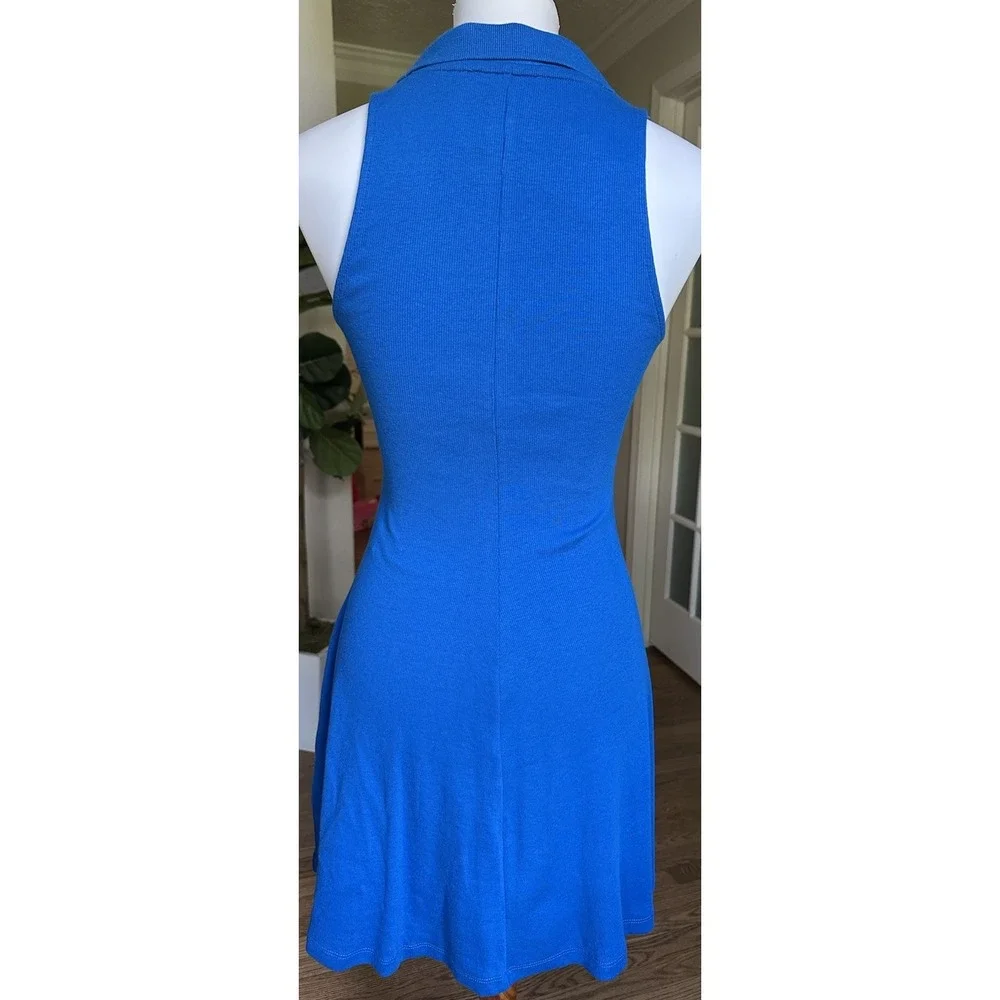 Zara Blue Lapel Collared Sleeveless Ribbed Skater Knit Mini Dress Size M - Picture 6 of 6